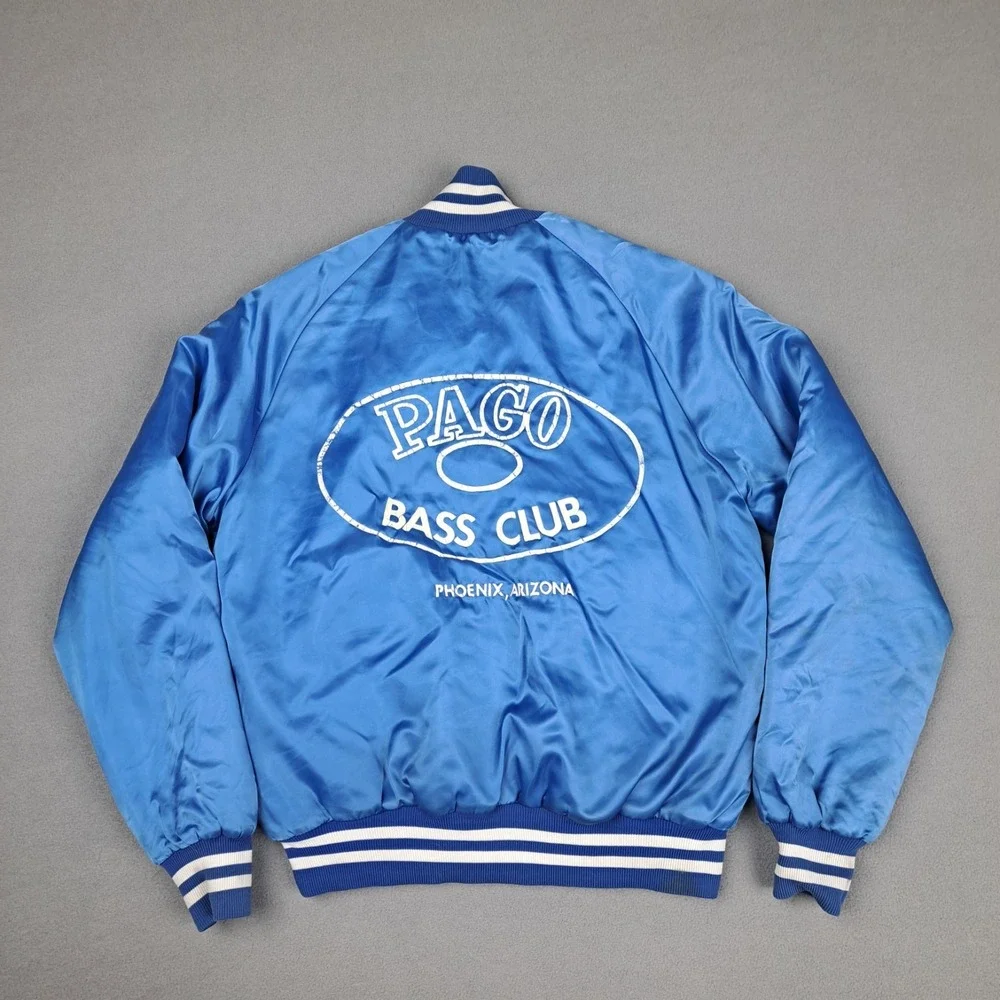 Vintage Satin Bomber‎ Jacket Mens Medium Blue PAGO Bass Club Phoenix AZ Quilted